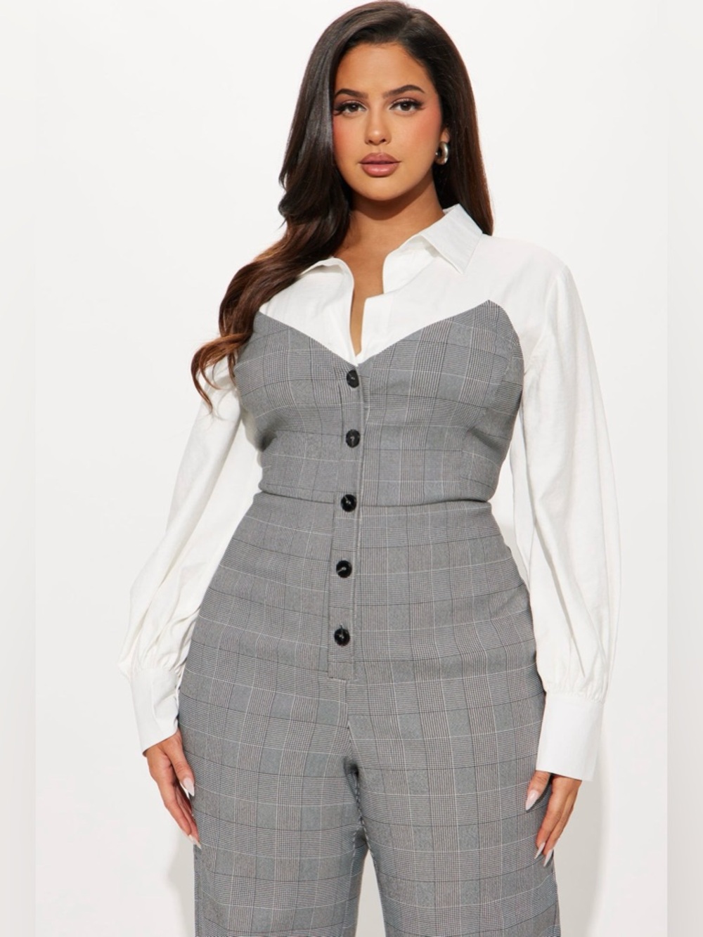 Fashion Nova Grey Plaid Jumpsuit with White Shirt Detail